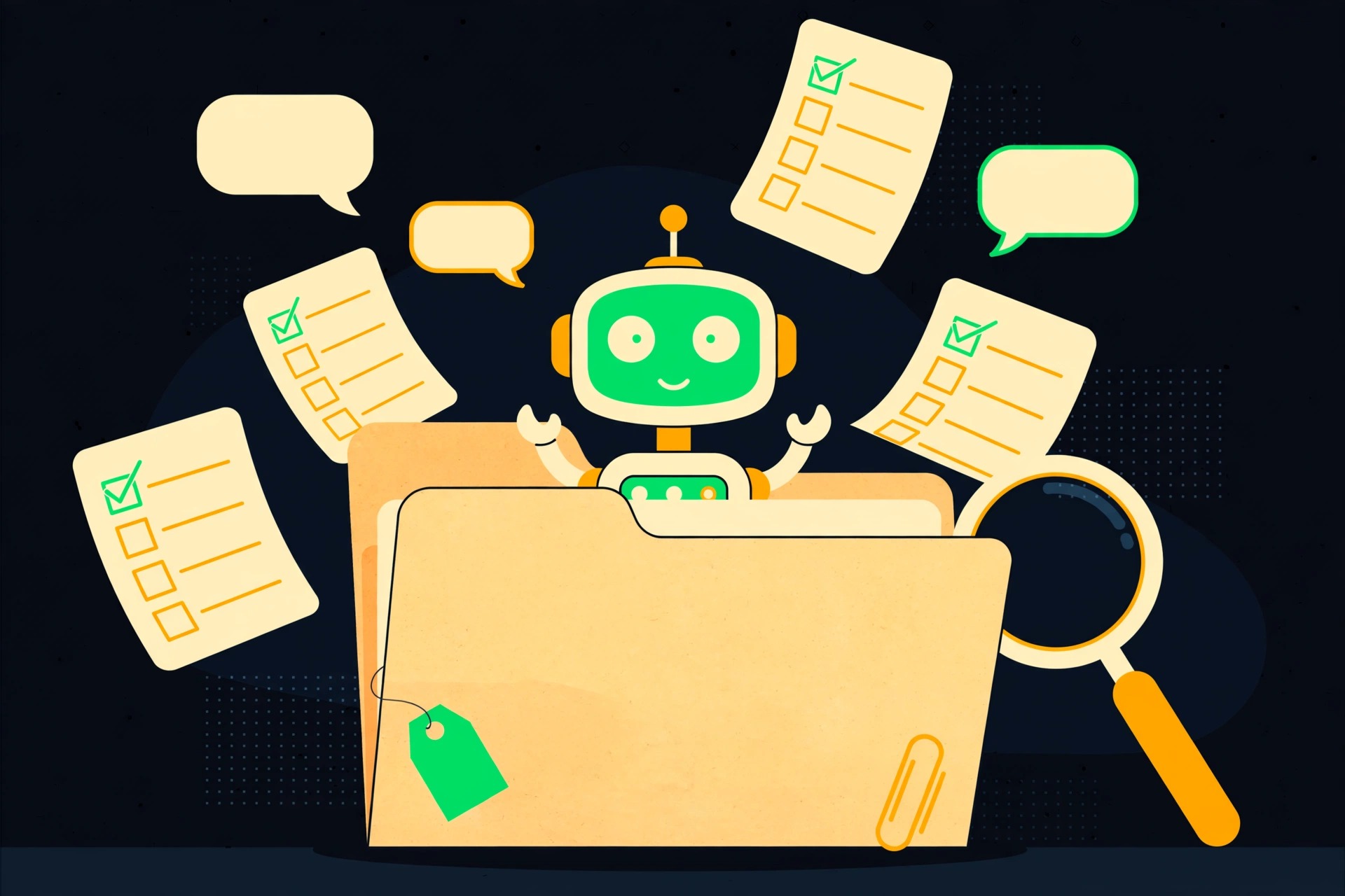 Illustration: a cheerful agent climbing out of a case-file folder, checklists in hand