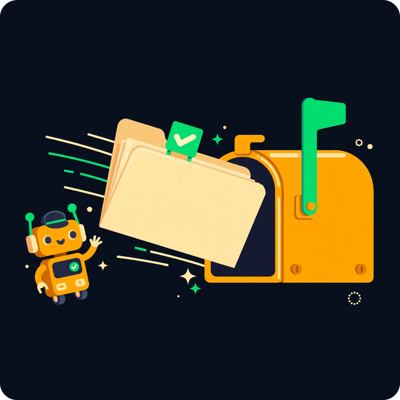 Illustration: a case file sliding into a mailbox, flag up, delivered by a tiny robot postman