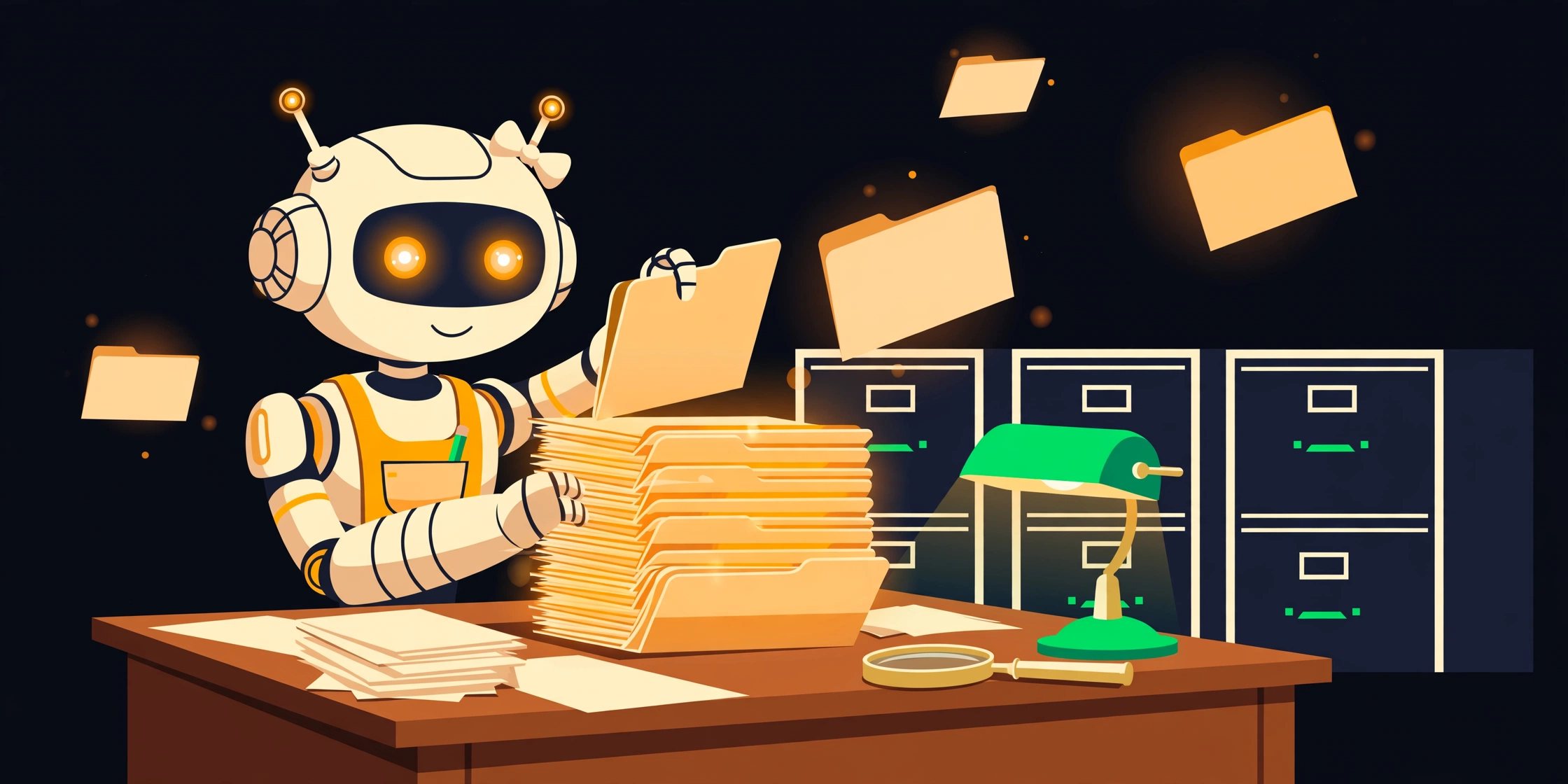 Illustration: Vera, the editor, sorting glowing case files at her newsroom desk